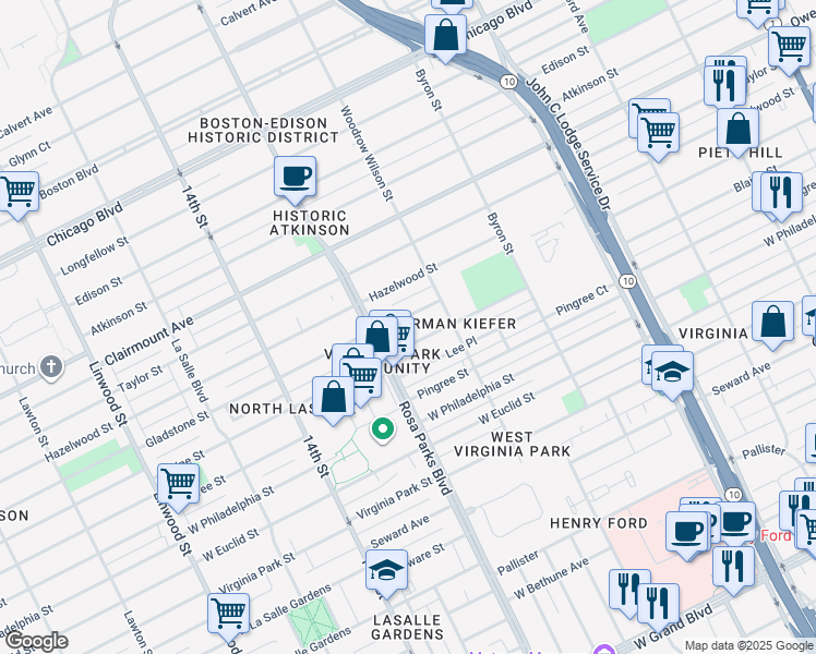 map of restaurants, bars, coffee shops, grocery stores, and more near 1669 Blaine Street in Detroit