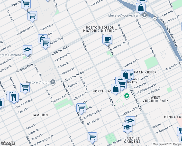 map of restaurants, bars, coffee shops, grocery stores, and more near 2246 Hazelwood Street in Detroit