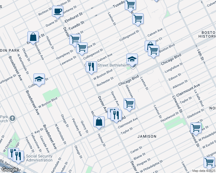 map of restaurants, bars, coffee shops, grocery stores, and more near 3421 Chicago Boulevard in Detroit