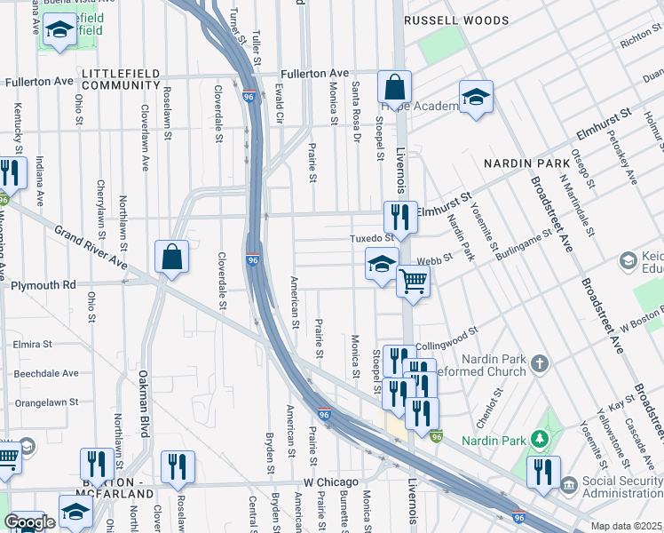 map of restaurants, bars, coffee shops, grocery stores, and more near 7116 Burlingame Street in Detroit