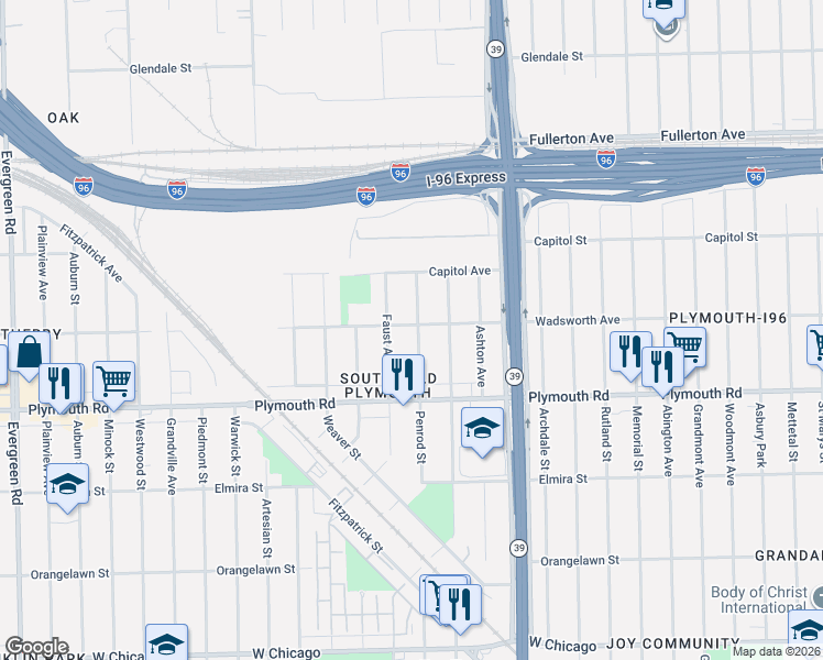 map of restaurants, bars, coffee shops, grocery stores, and more near 11682 Faust Avenue in Detroit