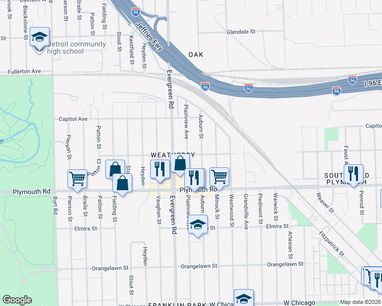 map of restaurants, bars, coffee shops, grocery stores, and more near 11704 Plainview Avenue in Detroit
