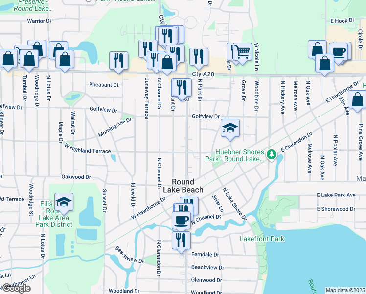map of restaurants, bars, coffee shops, grocery stores, and more near 1401 North Pleasant Drive in Round Lake Beach
