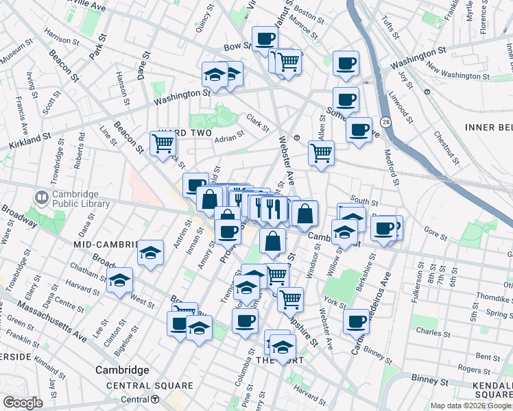 map of restaurants, bars, coffee shops, grocery stores, and more near 109 Tremont Street in Cambridge