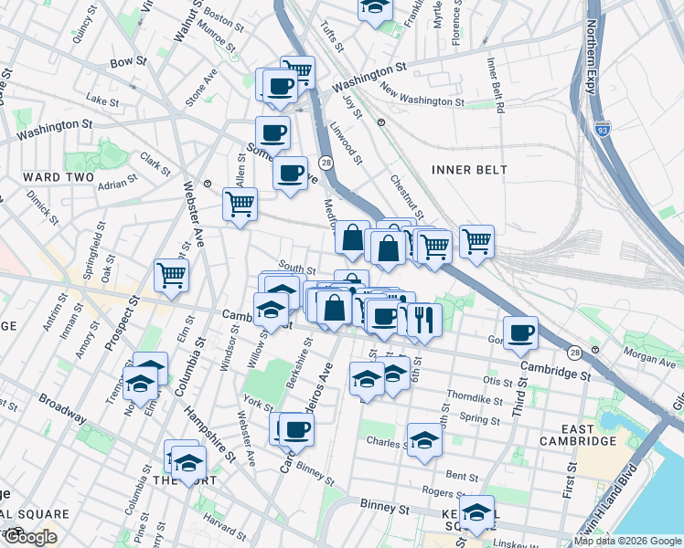map of restaurants, bars, coffee shops, grocery stores, and more near 7 South Street in Somerville