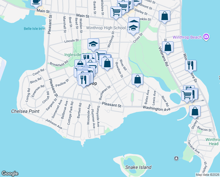 map of restaurants, bars, coffee shops, grocery stores, and more near 18 Buckthorn Terrace in Winthrop