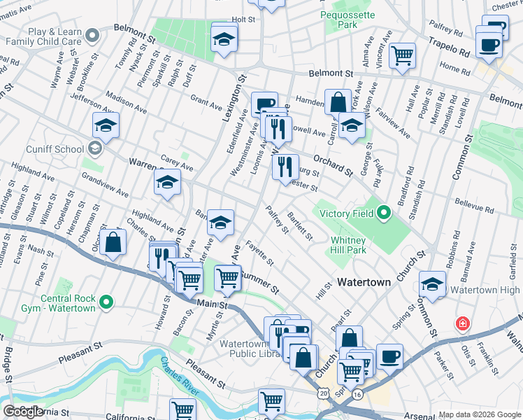 map of restaurants, bars, coffee shops, grocery stores, and more near 113 Forest Street in Watertown
