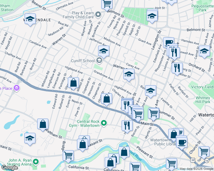 map of restaurants, bars, coffee shops, grocery stores, and more near 53 Gilbert Street in Watertown