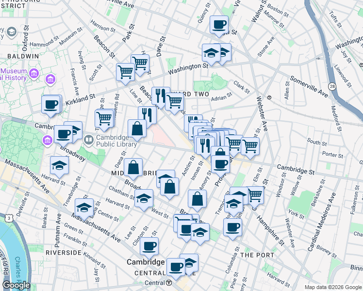 map of restaurants, bars, coffee shops, grocery stores, and more near in Cambridge