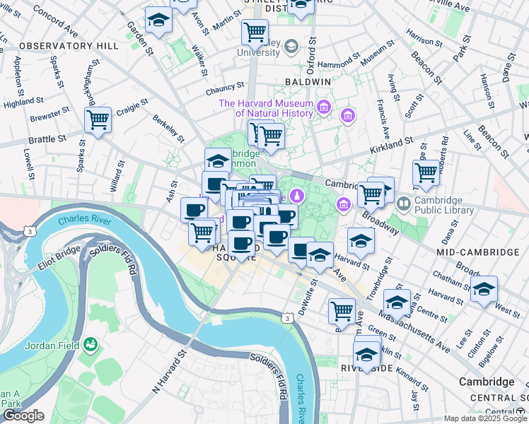map of restaurants, bars, coffee shops, grocery stores, and more near 4 Brattle Square in Cambridge