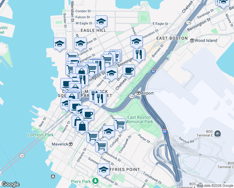 map of restaurants, bars, coffee shops, grocery stores, and more near 34191 Massachusetts 1A in Boston