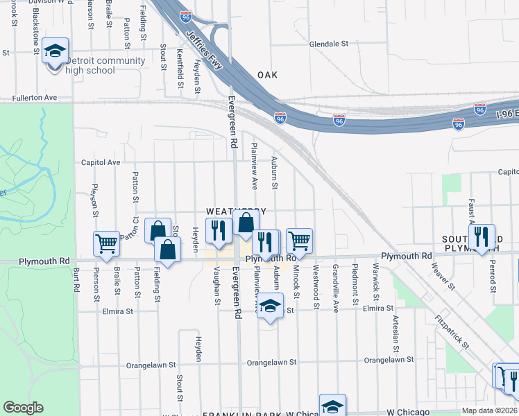 map of restaurants, bars, coffee shops, grocery stores, and more near 11704 Plainview Avenue in Detroit
