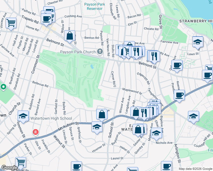 map of restaurants, bars, coffee shops, grocery stores, and more near 33 Flint Road in Watertown