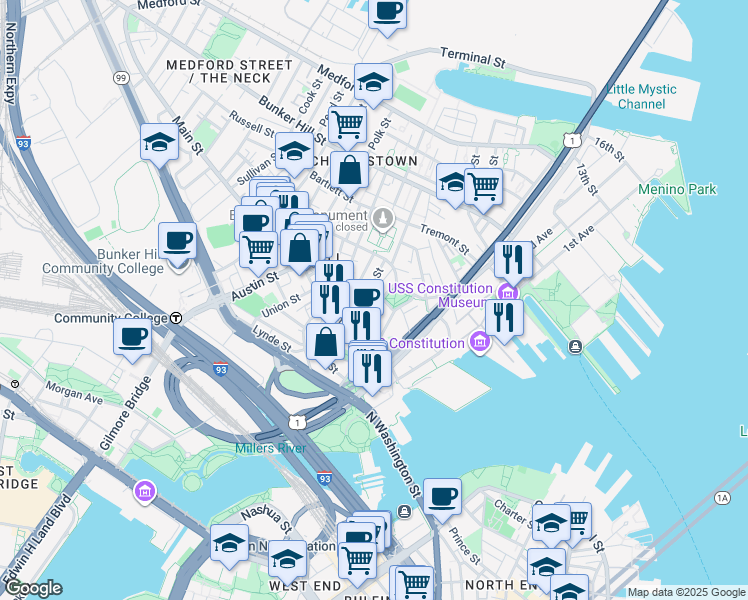 map of restaurants, bars, coffee shops, grocery stores, and more near 34 Winthrop Street in Boston
