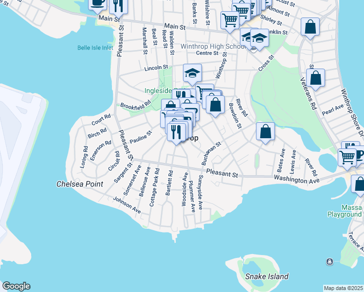 map of restaurants, bars, coffee shops, grocery stores, and more near 68 Woodside Avenue in Winthrop