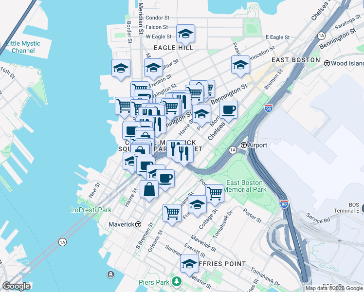 map of restaurants, bars, coffee shops, grocery stores, and more near in Boston