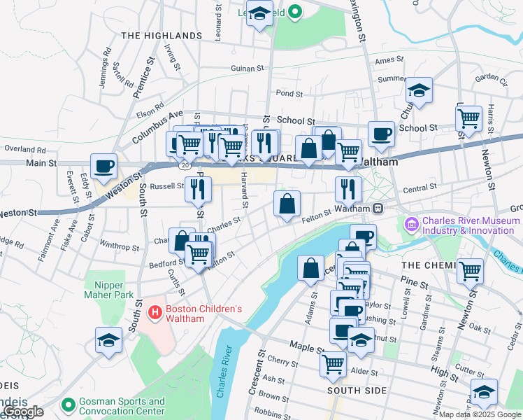 map of restaurants, bars, coffee shops, grocery stores, and more near 128 Charles Street in Waltham