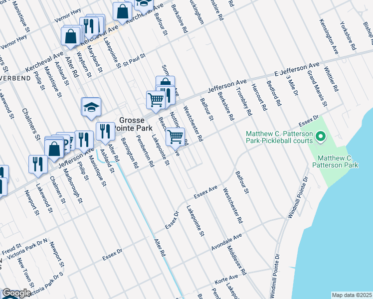 map of restaurants, bars, coffee shops, grocery stores, and more near 885 Nottingham Road in Grosse Pointe Park