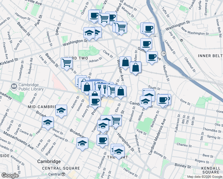 map of restaurants, bars, coffee shops, grocery stores, and more near 110 Prospect Street in Somerville