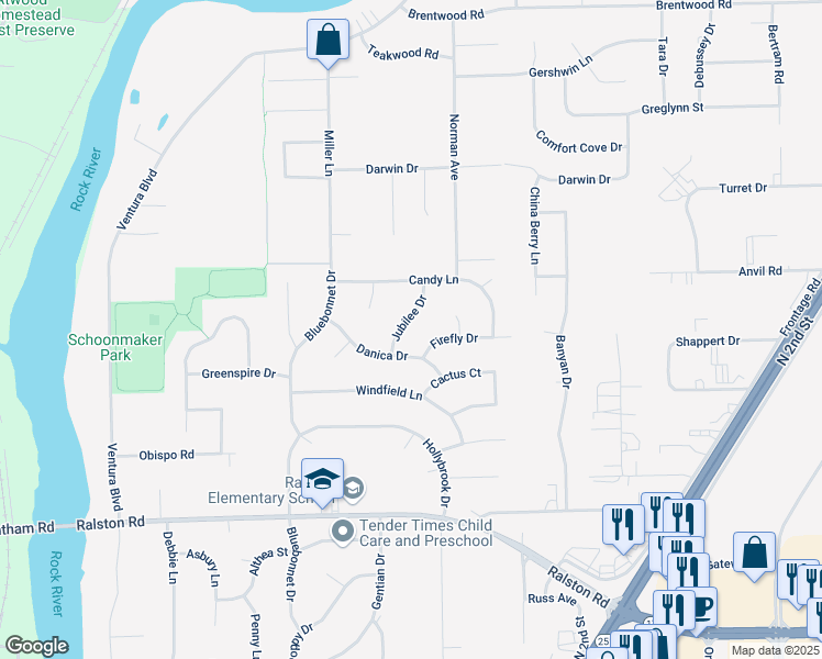 map of restaurants, bars, coffee shops, grocery stores, and more near 10557 Jubilee Drive in Machesney Park