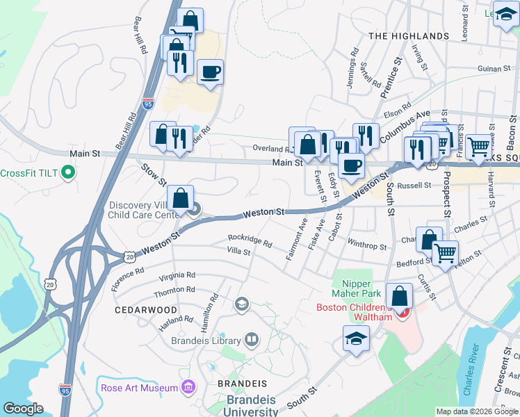 map of restaurants, bars, coffee shops, grocery stores, and more near 195 Weston Street in Waltham