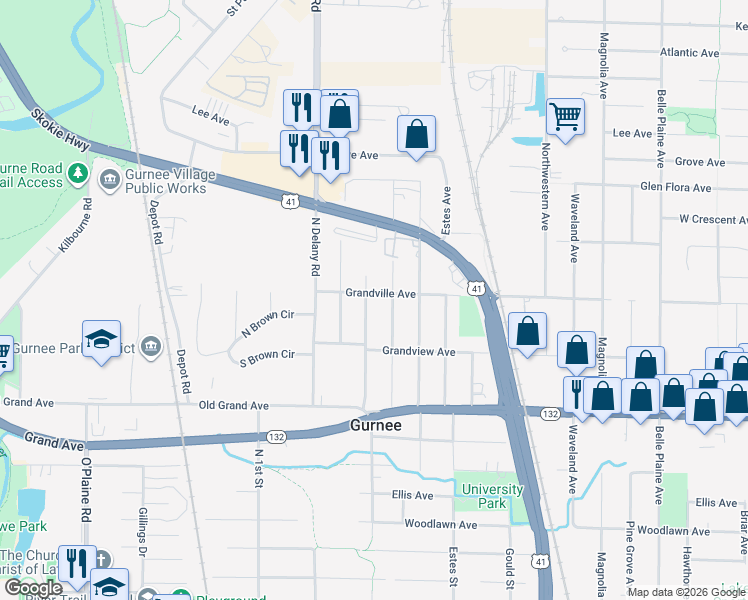map of restaurants, bars, coffee shops, grocery stores, and more near 1040 Blackburn Street in Gurnee