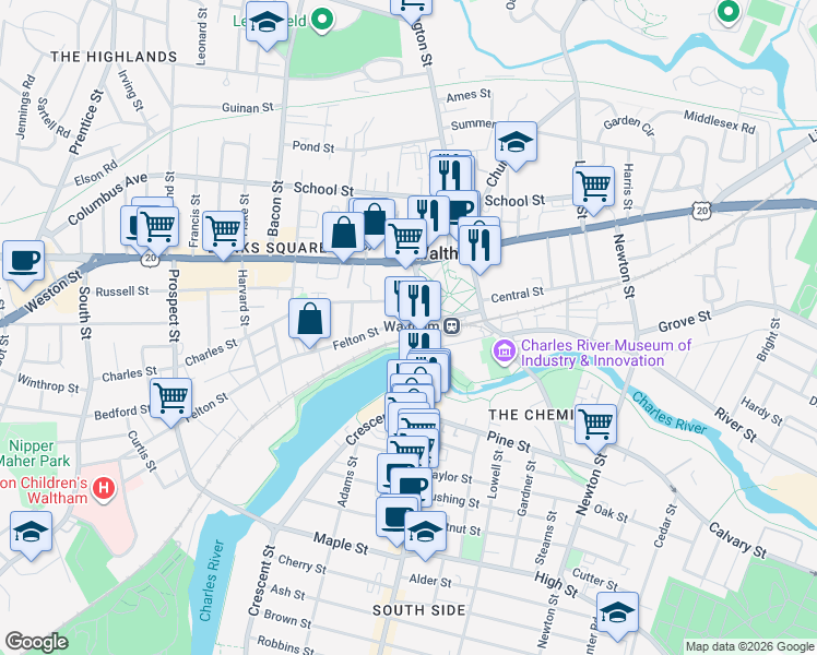 map of restaurants, bars, coffee shops, grocery stores, and more near 20 Charles Street in Waltham