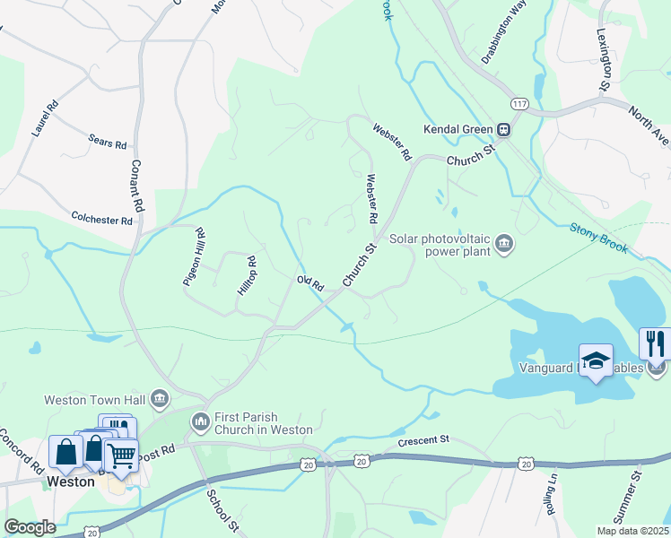 map of restaurants, bars, coffee shops, grocery stores, and more near 96 Church Street in Weston