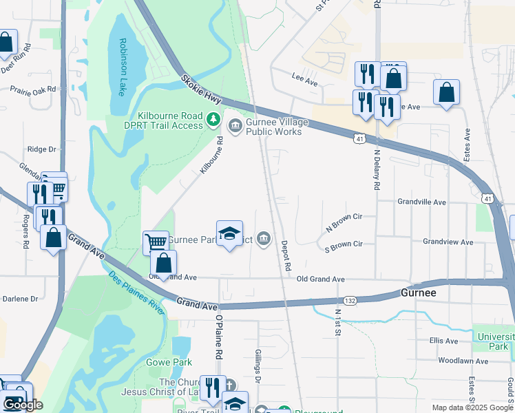 map of restaurants, bars, coffee shops, grocery stores, and more near 4374 Old Grand Avenue in Gurnee