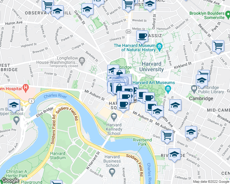 map of restaurants, bars, coffee shops, grocery stores, and more near Brattle Street & Story Street in Cambridge