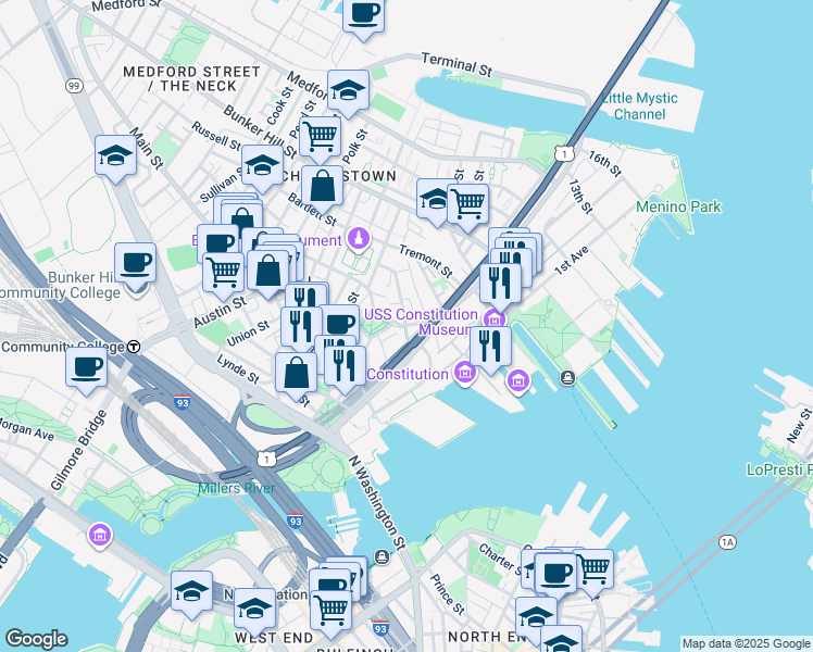 map of restaurants, bars, coffee shops, grocery stores, and more near Freedom Trail in Boston