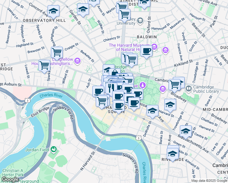 map of restaurants, bars, coffee shops, grocery stores, and more near 17 Farwell Place in Cambridge