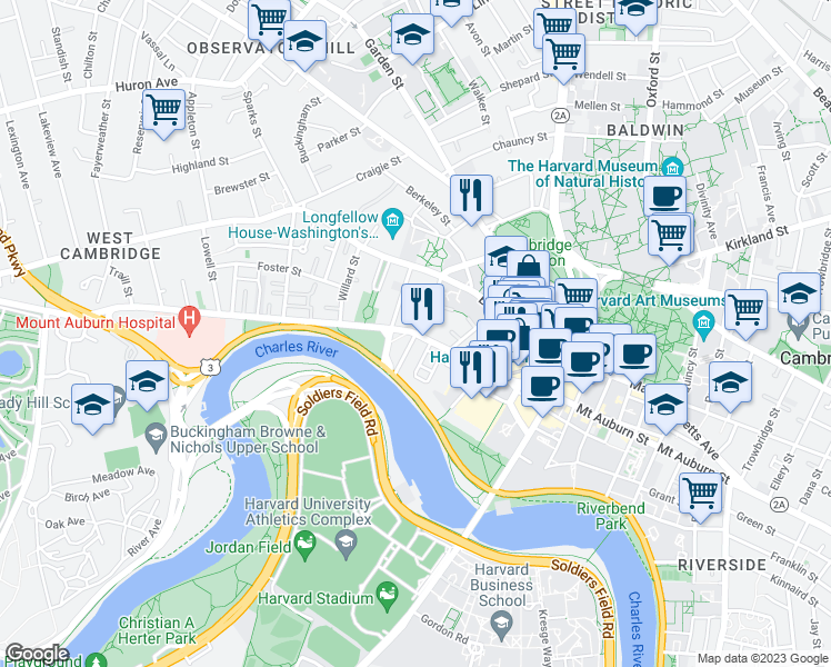 map of restaurants, bars, coffee shops, grocery stores, and more near Mt Auburn St & Ash St in Cambridge