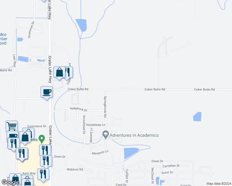 map of restaurants, bars, coffee shops, grocery stores, and more near 1946 Coker Butte Road in Medford