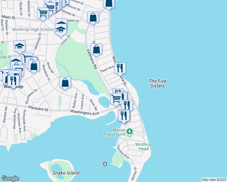 map of restaurants, bars, coffee shops, grocery stores, and more near 386 Shirley Street in Winthrop