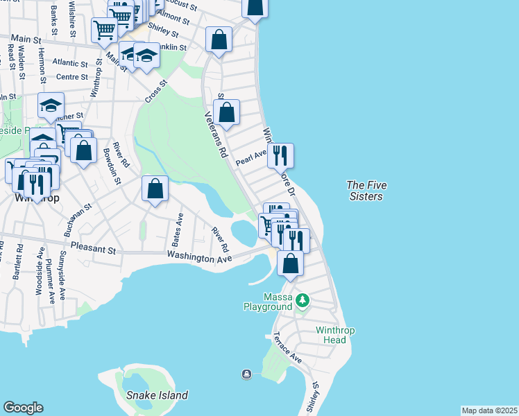 map of restaurants, bars, coffee shops, grocery stores, and more near 386 Shirley Street in Winthrop