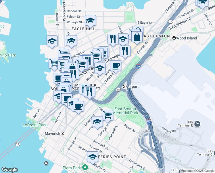 map of restaurants, bars, coffee shops, grocery stores, and more near 217 Chelsea Street in Boston