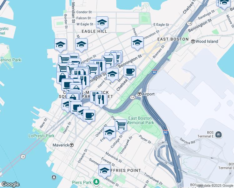 map of restaurants, bars, coffee shops, grocery stores, and more near 223 Marion Street in Boston
