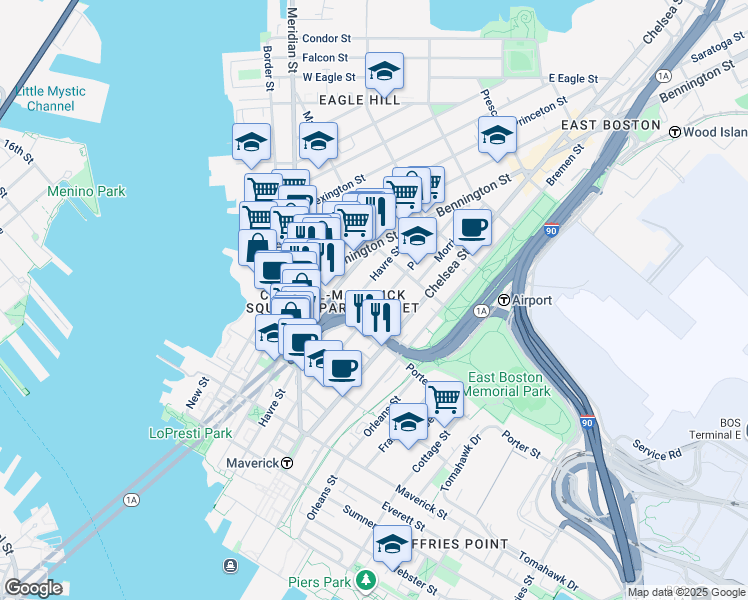 map of restaurants, bars, coffee shops, grocery stores, and more near 227 Havre Street in Boston