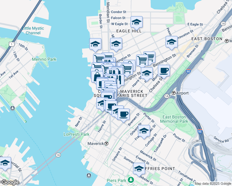 map of restaurants, bars, coffee shops, grocery stores, and more near 15 Meridian Street in Boston