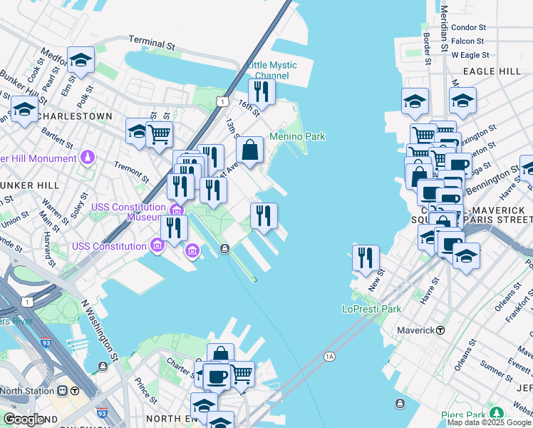 map of restaurants, bars, coffee shops, grocery stores, and more near 12 Constellation Wharf in Boston