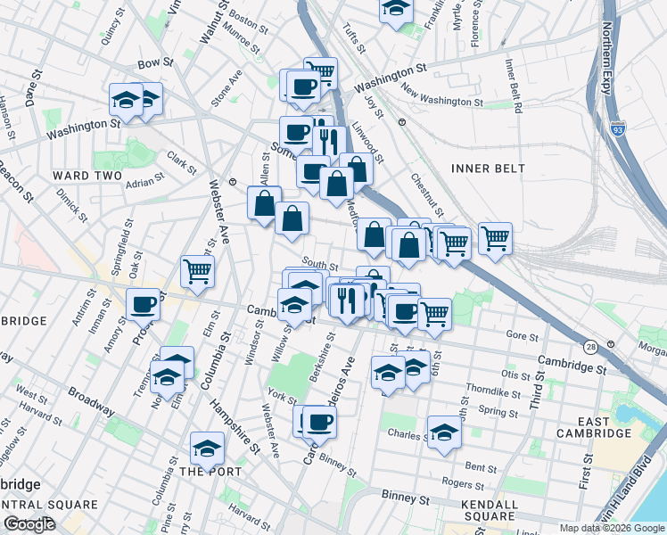 map of restaurants, bars, coffee shops, grocery stores, and more near 22 Horace Street in Somerville