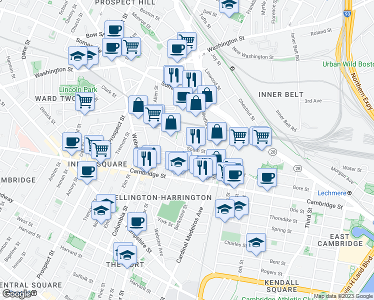 map of restaurants, bars, coffee shops, grocery stores, and more near 8 Harding Street in Somerville