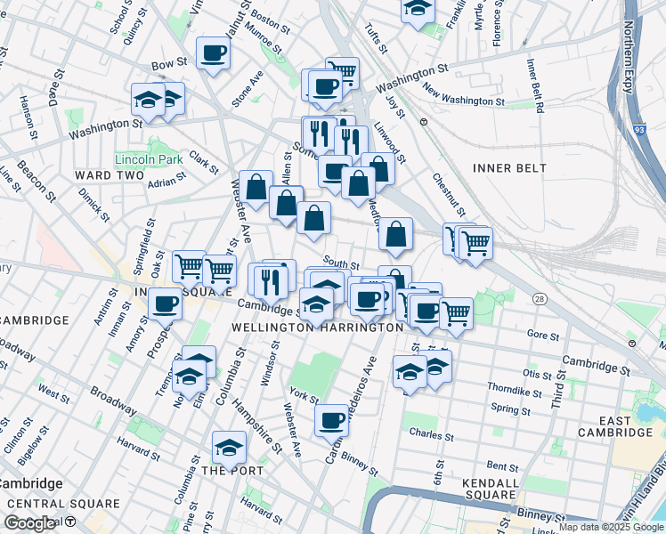 map of restaurants, bars, coffee shops, grocery stores, and more near 8 Harding Street in Somerville