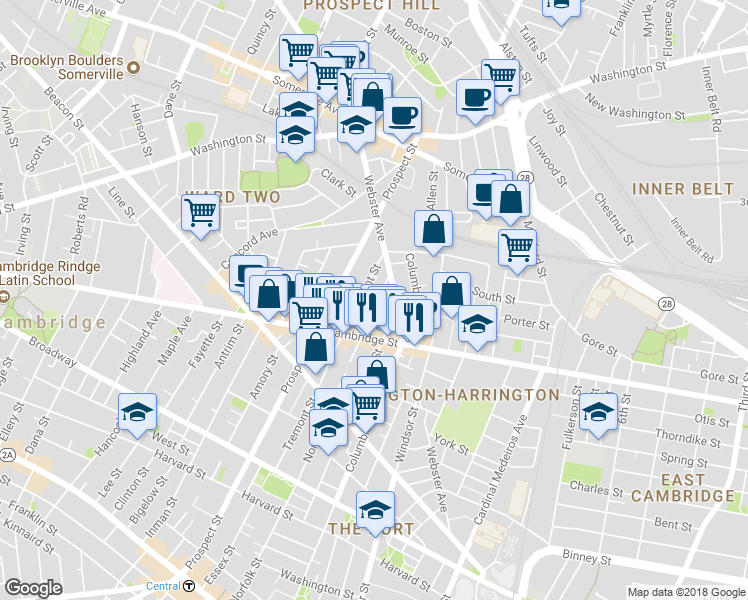 map of restaurants, bars, coffee shops, grocery stores, and more near 1 Tremont Place in Somerville