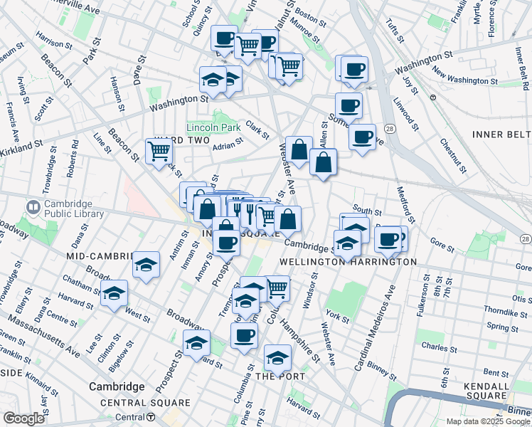 map of restaurants, bars, coffee shops, grocery stores, and more near 110 Prospect Street in Somerville