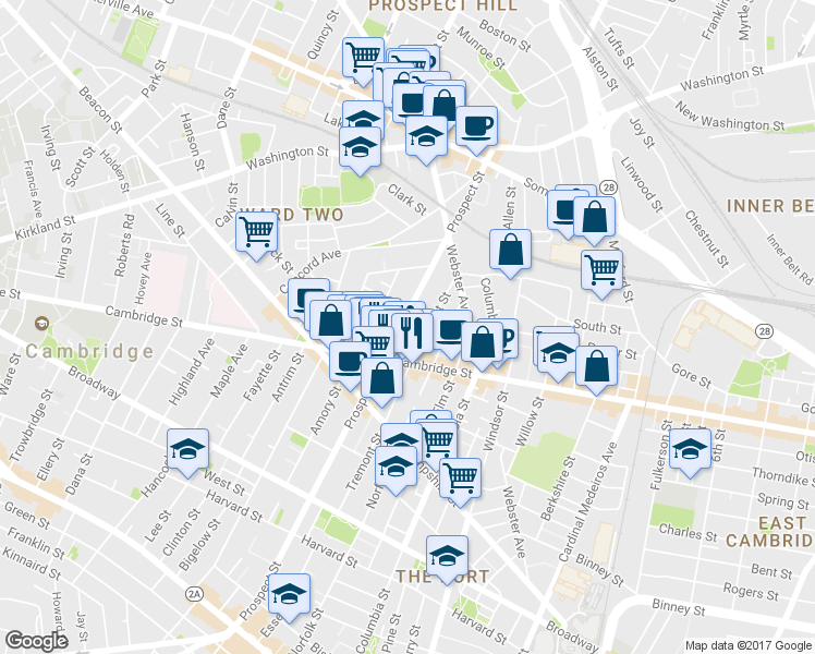 map of restaurants, bars, coffee shops, grocery stores, and more near 110 Prospect Street in Somerville
