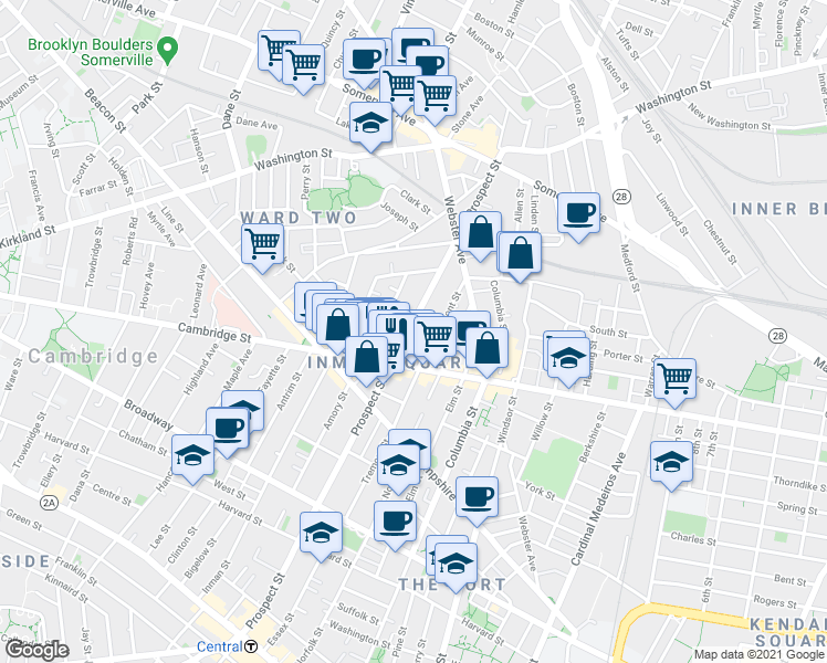 map of restaurants, bars, coffee shops, grocery stores, and more near 110 Prospect Street in Somerville