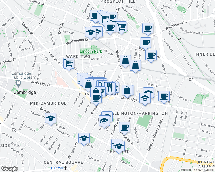 map of restaurants, bars, coffee shops, grocery stores, and more near 110 Prospect Street in Somerville