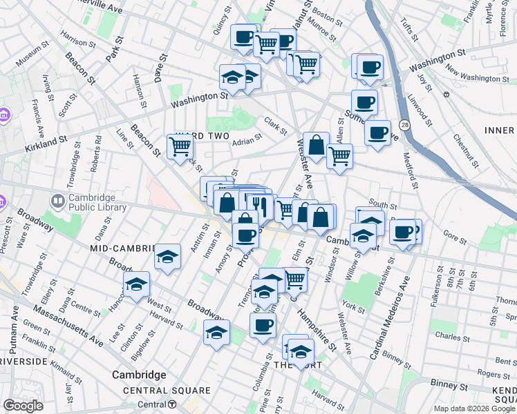 map of restaurants, bars, coffee shops, grocery stores, and more near 25 Houghton Street in Somerville